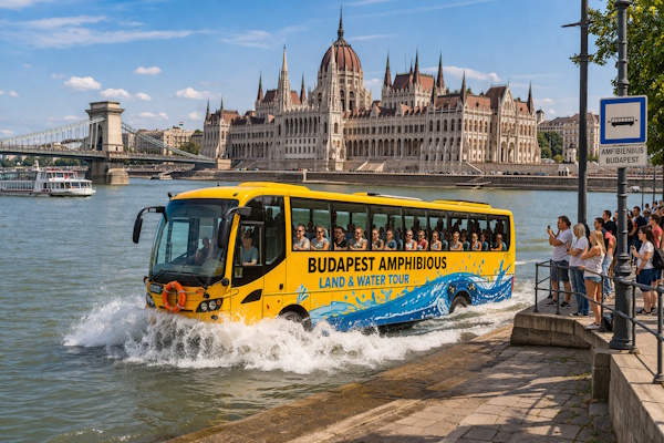 Ein Amphibienbus in Budapest fährt in die Donau