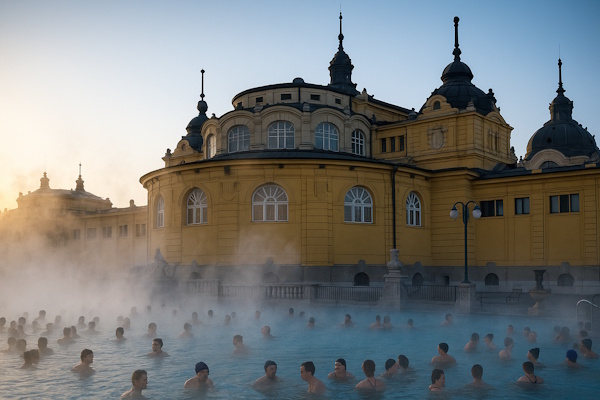 Széchenyi-Bad dampfend im Freien im Winter